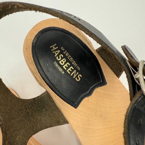 Swedish Hasbeens Size 39 (US 9) Fringe Black Leather Clog Sandal Heels Wood Shoe - Picture 6 of 16